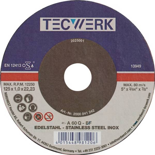 Trennscheibe INOX D115x1mm ger.INOX Bohr.22,23mm TECWERK