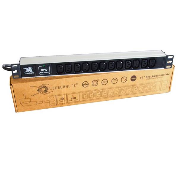 19 Zoll Steckdosenleiste 12x C13 Schuko Zuleitung + Überspannungsschutz Aluminium Schwarz PDU