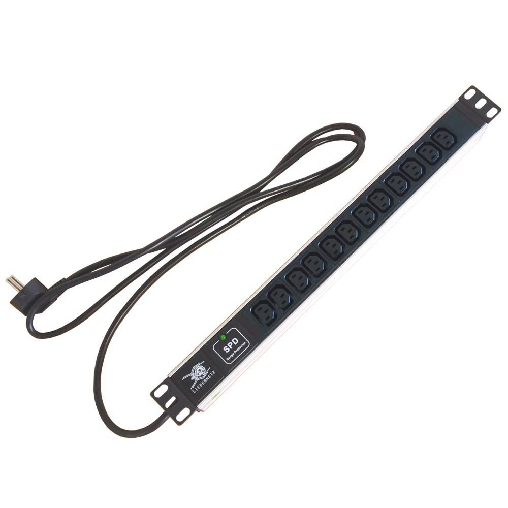 19 Zoll Steckdosenleiste 12x C13 Schuko Zuleitung mit Überspannungsschutz Aluminium schwarz PDU-2