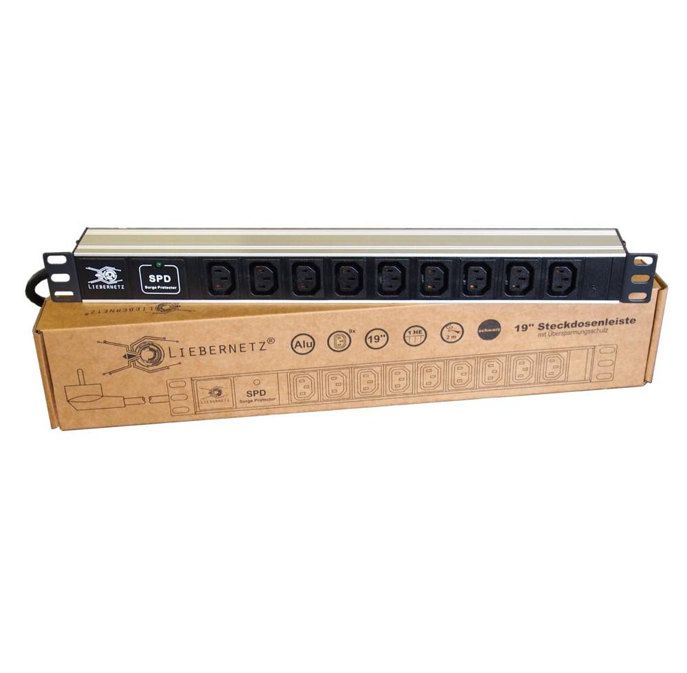 19 Zoll Steckdosenleiste 9x C13 Aluminium schwarz silber mit Überspannungsschutz Rack PDU