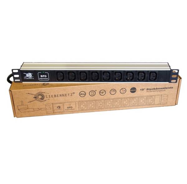 19 Zoll Steckdosenleiste 9x C13 Aluminium Schwarz silber + Überspannungsschutz Rack PDU
