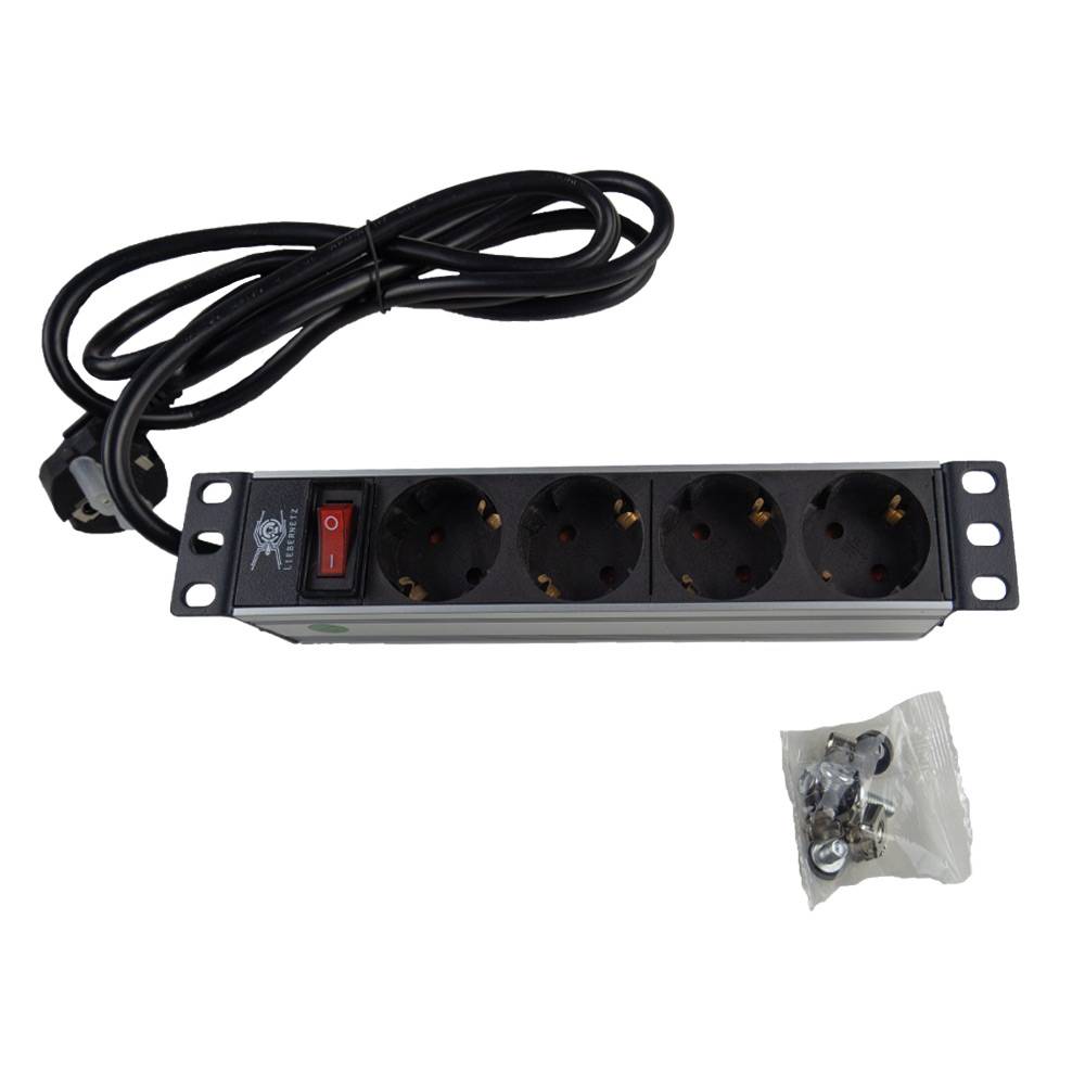10 Zoll Steckdosenleiste 4fach Schuko Schwarz + Schalter Rack Steckdose für IT + Heimnetzwerke-2