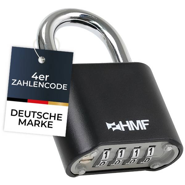 HMF Zahlenschloss Vorhängeschloss mit 4-stelligem Zahlencode aus Zinklegierung, 5,3 x 2,4 x 7,8 cm, Schwarz