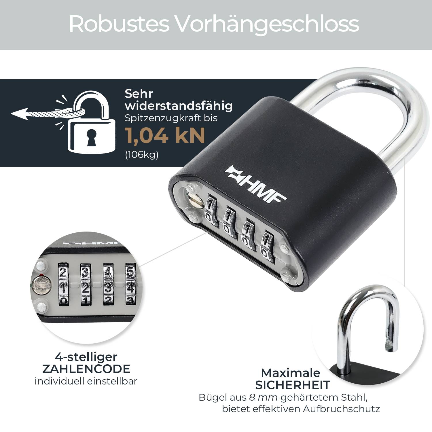 HMF Zahlenschloss Vorhängeschloss mit 4-stelligem Zahlencode aus Zinklegierung, 5,3 x 2,4 x 7,8 cm, Schwarz-1