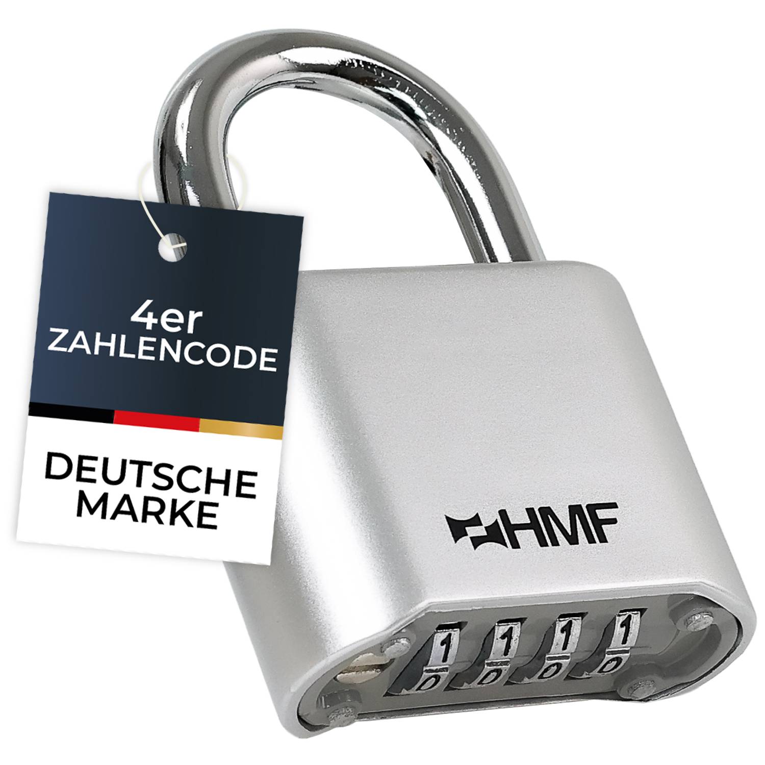 HMF Zahlenschloss Vorhängeschloss mit 4-stelligem Zahlencode aus Zinklegierung, 5,3 x 2,4 x 7,8 cm, Silber-0