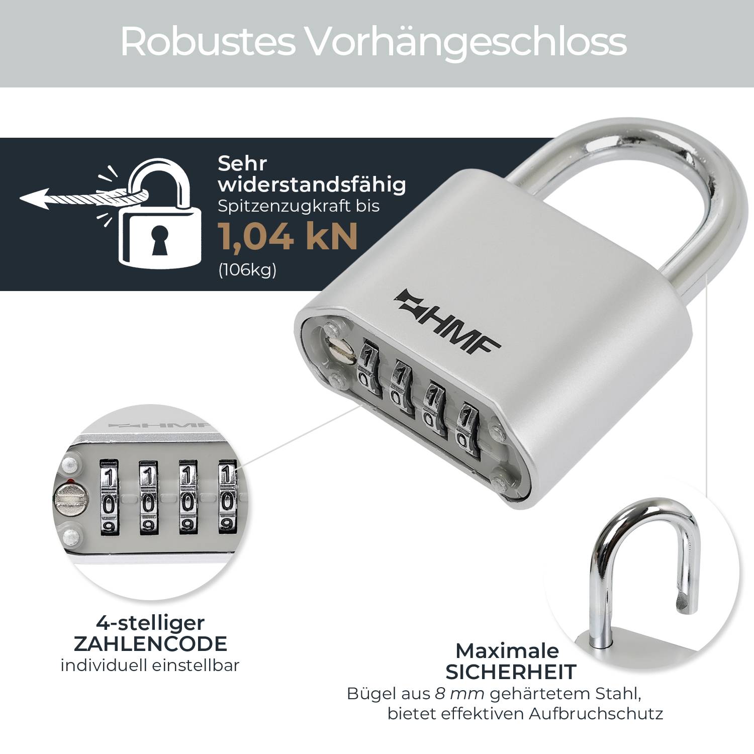 HMF Zahlenschloss Vorhängeschloss mit 4-stelligem Zahlencode aus Zinklegierung, 5,3 x 2,4 x 7,8 cm, Silber-1