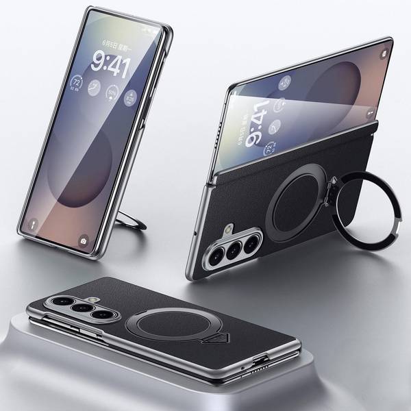 Für Samsung Galaxy Z Fold7 5G SULADA Leder MagSafe Ring Halter Hülle Schwarz