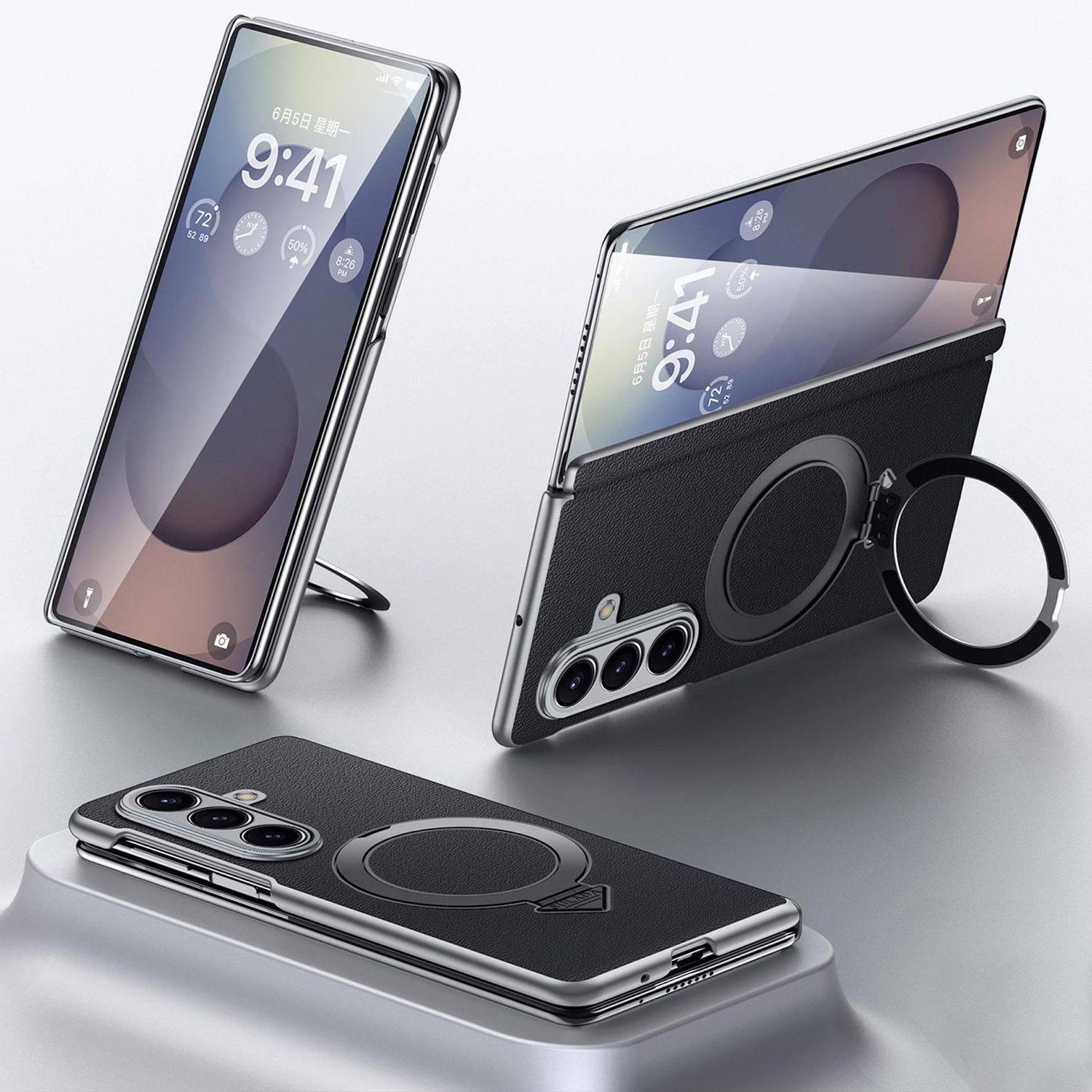 Für Samsung Galaxy Z Fold7 5G SULADA Leder MagSafe Ring Halter Hülle Schwarz-0