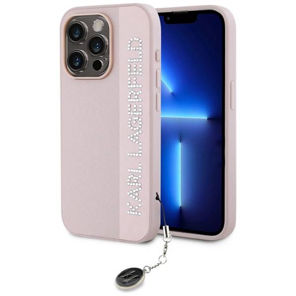 Karl Lagerfeld Saffiano Rhinestones & Charm Hülle iPhone 15 Pro – Rosa