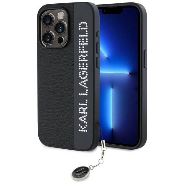 Karl Lagerfeld Saffiano Rhinestones & Charm Hülle iPhone 15 Pro Max – Schwarz