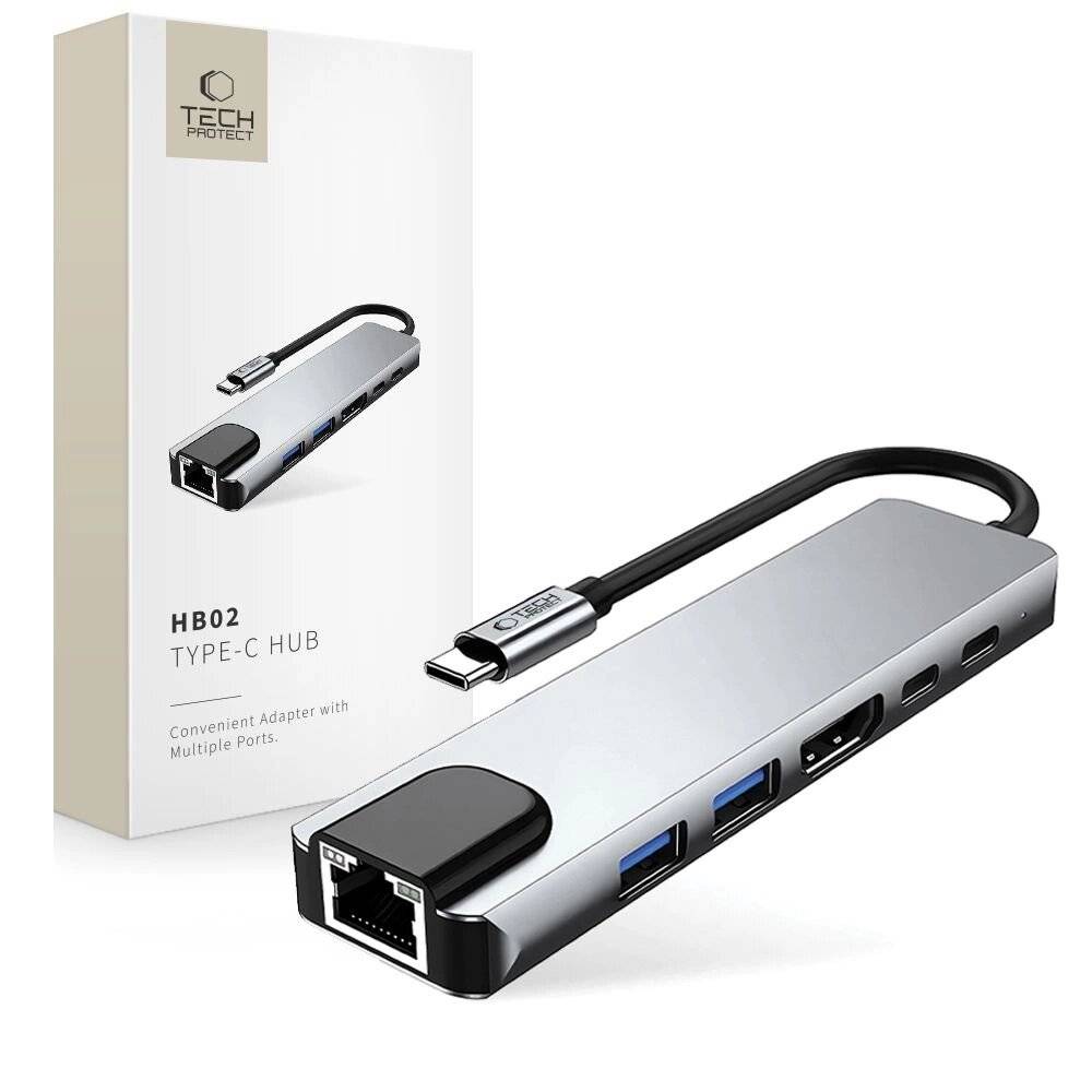 Tech-Protect HB02 HUB Adapter 6in1 USB-C + USB2.0 USB3.0 HDMI 4K 30Hz RJ45 PD100W - grau-0