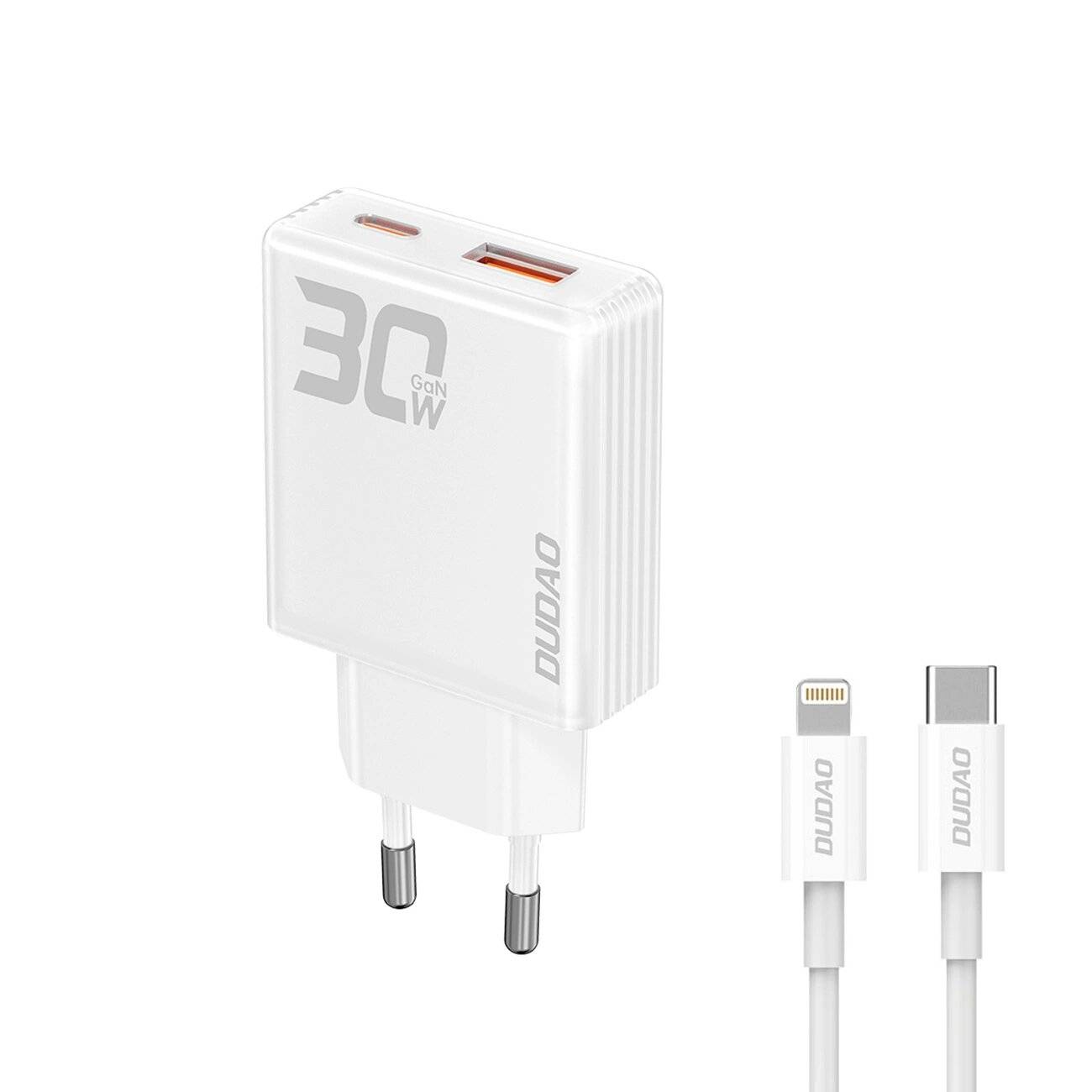 Dudao A30EUL GaN-Wandladegerät 30 W USB-A / USB-C + – Lightning Kabel Weiß-0