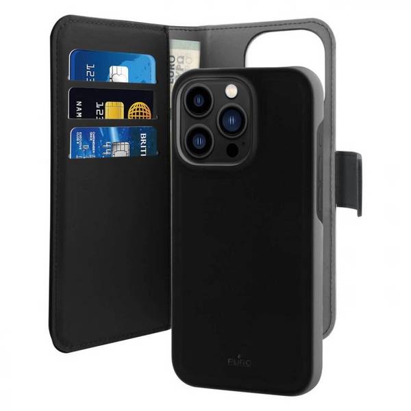 Puro Wallet Abnehmbare MagSafe 2in1 Öko-Lederhülle Klappe Geldbörse iPhone 14 Pro Max – Schwarz