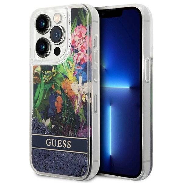 Guess Flower Liquid Glitter Hülle iPhone 14 Pro Max – Blau