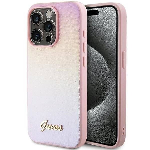 Guess Saffiano Iridescent Script Hülle iPhone 15 Pro – Rosa