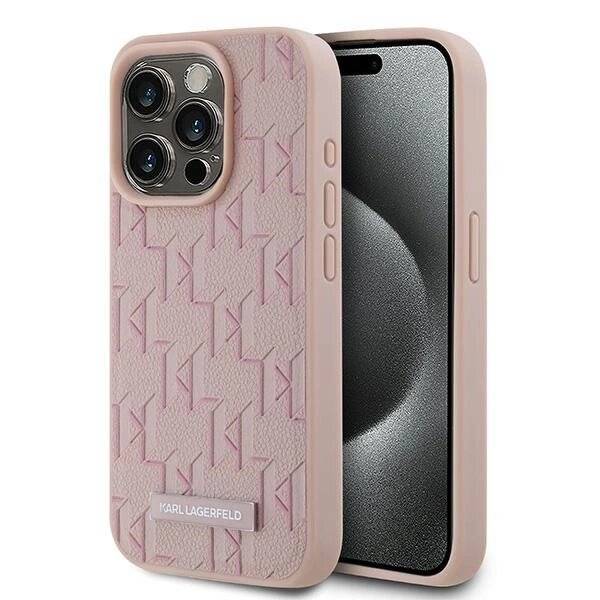 Karl Lagerfeld Leder-Monogramm-Metall-Logo-Hülle iPhone 15 Pro – Rosa-0