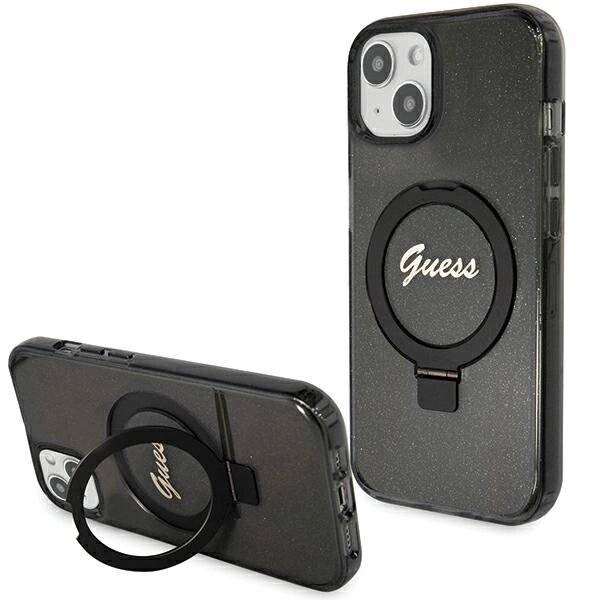 Guess Ring Stand Script Glitter MagSafe-Hülle iPhone 14 / 15 13 – Schwarz