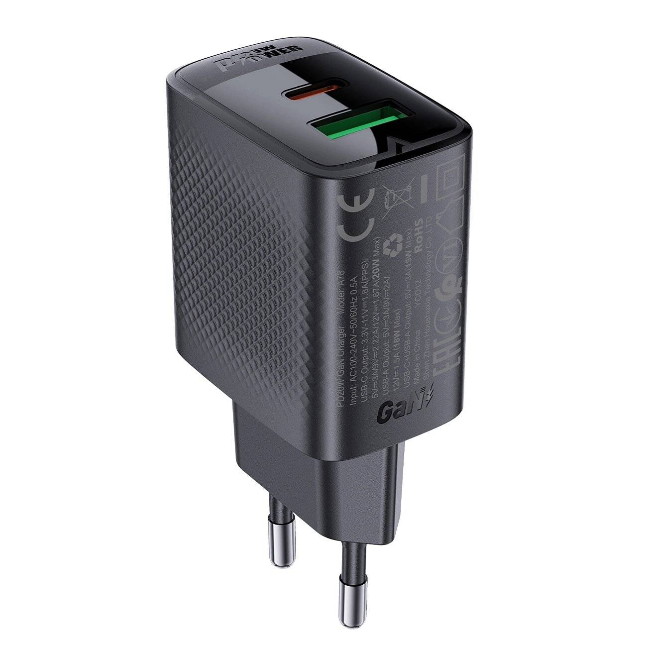Acefast A78 GaN USB-A / USB-C PD 20W Netzwerkladegerät - Schwarz-0