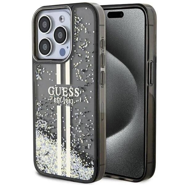 Guess Liquid Glitter Gold Stripes Hülle iPhone 15 Pro – Schwarz