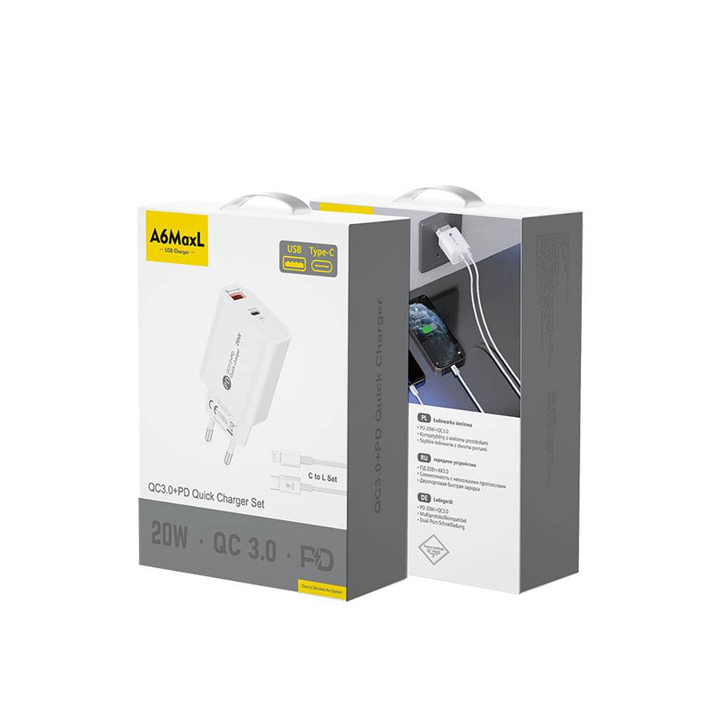 A6MaxL 20W USB-A USB-C Wandladegerät 1m - Lightning Kabel Weiß-4
