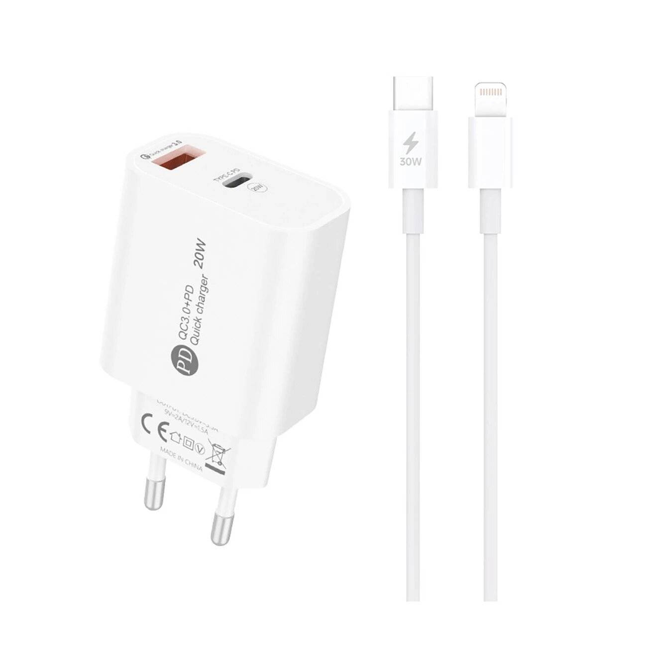 A6MaxL 20W USB-A USB-C Wandladegerät 1m - Lightning Kabel Weiß-0