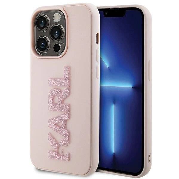 Karl Lagerfeld 3D-Gummi-Glitzer-Logo-Hülle iPhone 15 Pro Max – Rosa