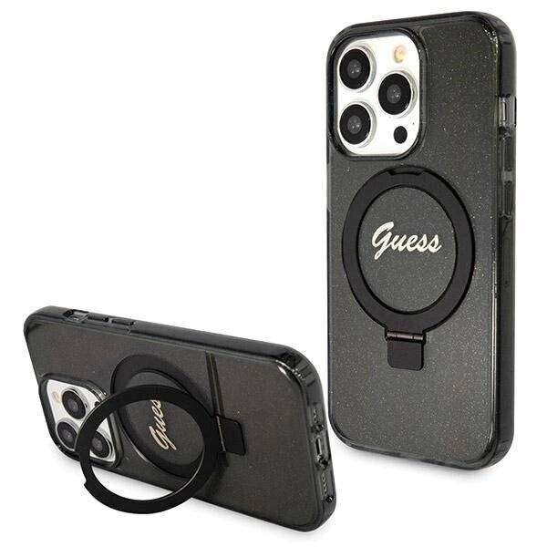 Guess Ring Stand Script Glitter MagSafe-Hülle iPhone 13 Pro Max – Schwarz