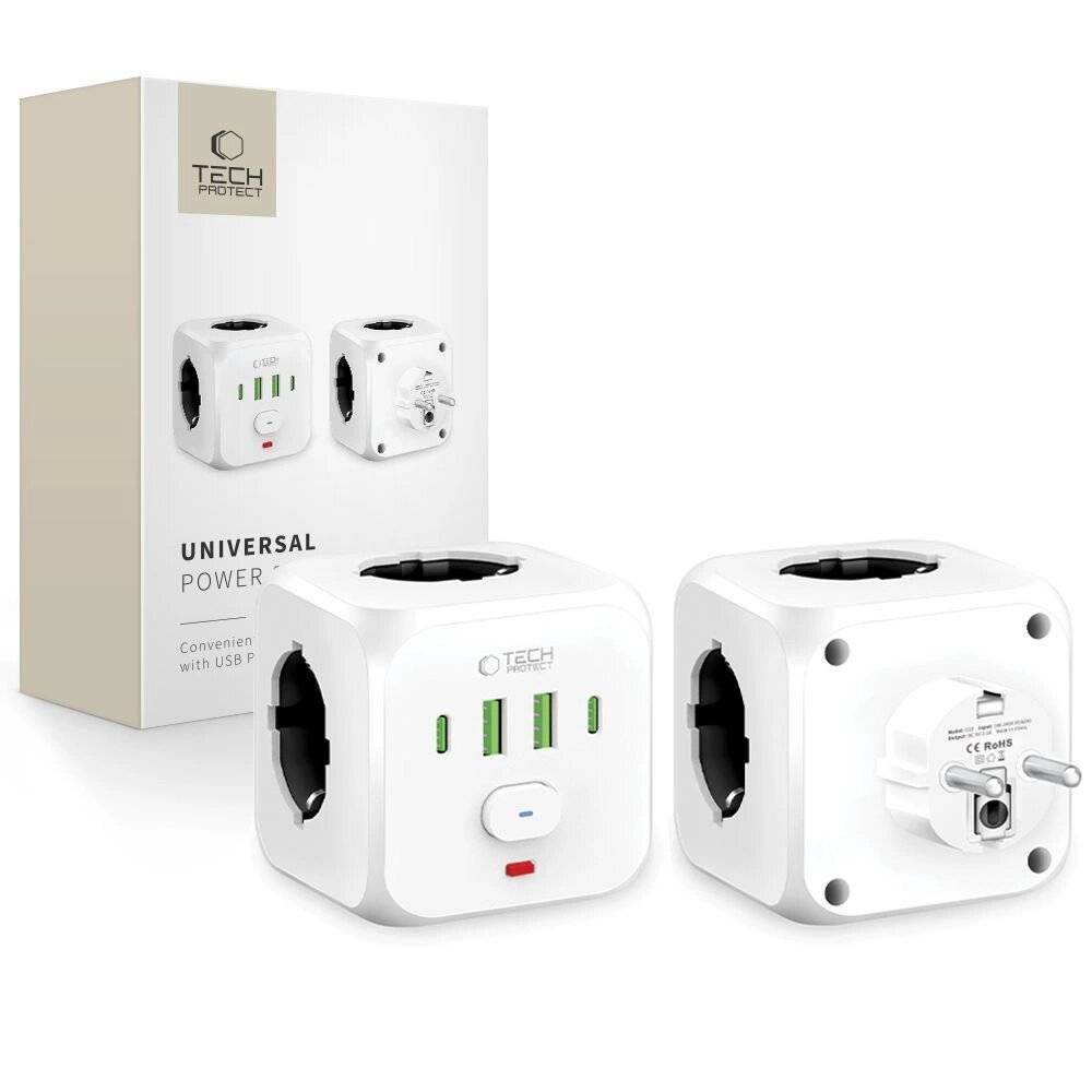 Tech-Protect PCL3x4 Steckdosenleiste, 2x USB-A, USB-C, 3x AC Typ Schuko - Weiß-0