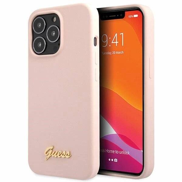 Guess GUHCP13XLSLMGLP iPhone 13 Pro Max 6,7" hellrosa/hellrosa Hardcase Silikon Script Gold Logo