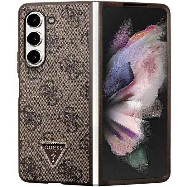 Guess Leder 4G Triangle Strass Hülle Samsung Galaxy Z Fold 5 – braun