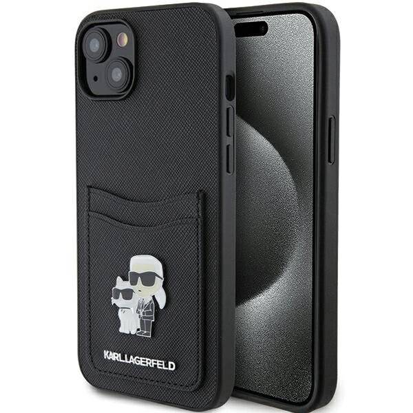 Karl Lagerfeld Saffiano Cardslot Karl&Choupette Metal Pin Hülle iPhone 15 – Schwarz
