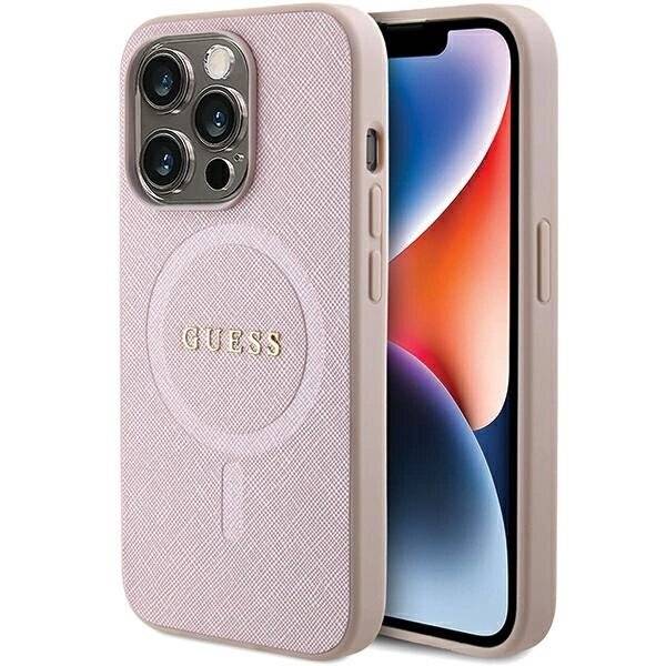 Guess Saffiano MagSafe Hülle iPhone 15 Pro – Rosa