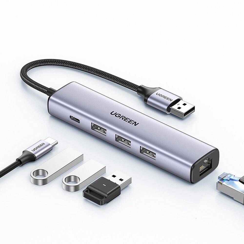 Ugreen Multifunktionsadapter HUB USB 3.0 - 3 x USB / Ethernet RJ-45 / USB Typ C PD grau (CM475)-0