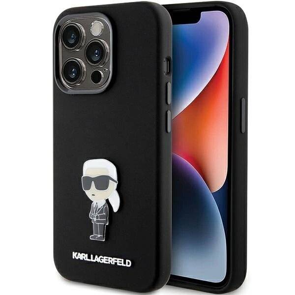 Karl Lagerfeld Silikon Ikonik Metal Pin Hülle iPhone 15 Pro – Schwarz