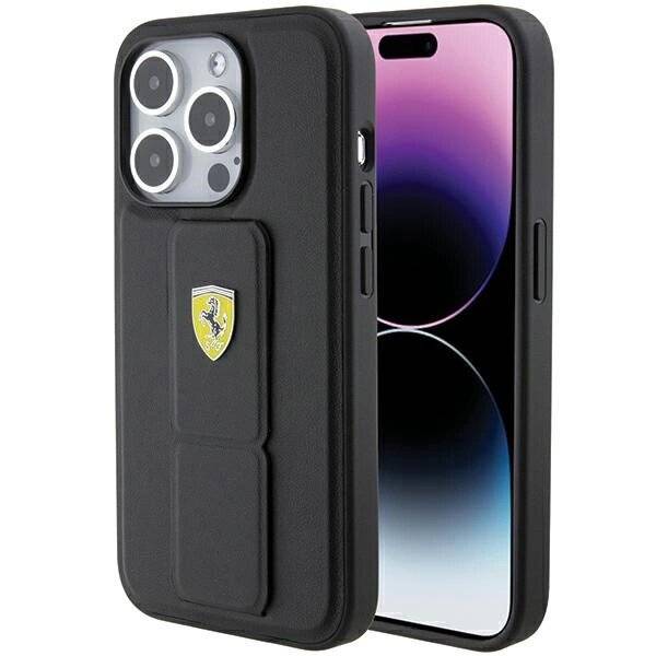 Ferrari Grip Stand Metall-Logo-Hülle iPhone 15 Pro Max – Schwarz