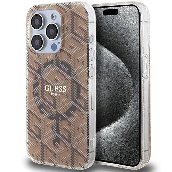 Guess IML GCube MagSafe Hülle iPhone 15 Pro – braun