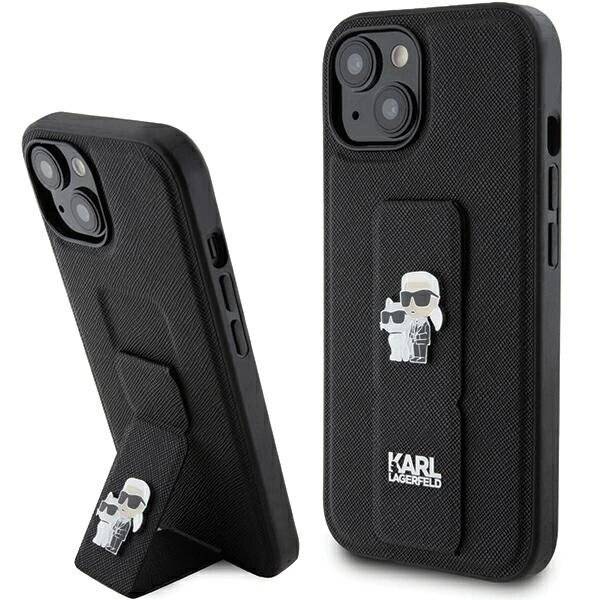 Karl Lagerfeld Gripstand Saffiano Karl&Choupette Pins Hülle iPhone 15 – Schwarz