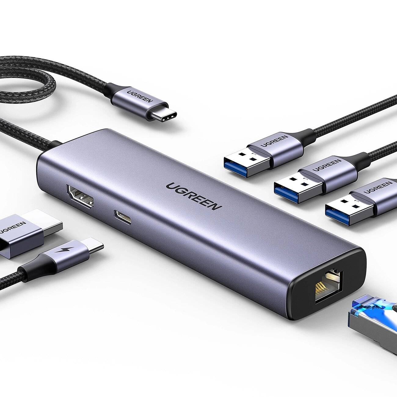 HUB Ugreen CM512 15598 6in1 USB-C – 3x USB-A 3.0 / HDMI / RJ45 / USB-C PD – Grau-0