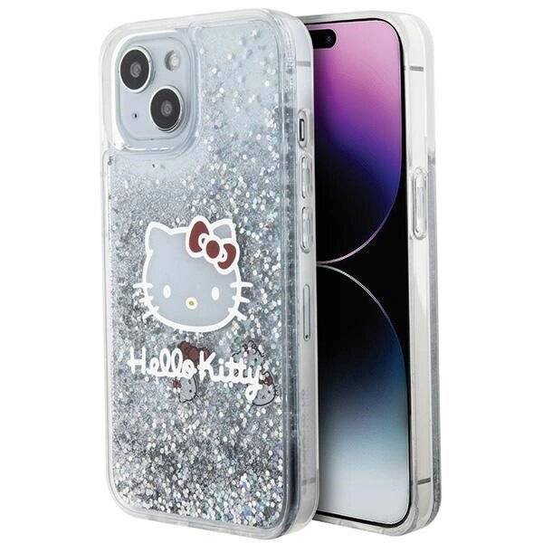 Hello Kitty Liquid Glitter Charms Head Hülle iPhone 15 – Silber