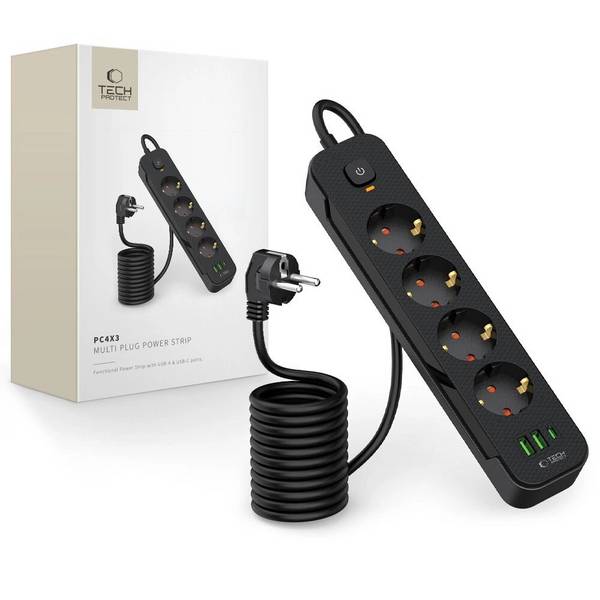 Tech-Protect PCL4X3 Steckdosenleiste 4 Steckdosen 240V + 2xUSB-A 1xUSB-C 200 cm - Schwarz