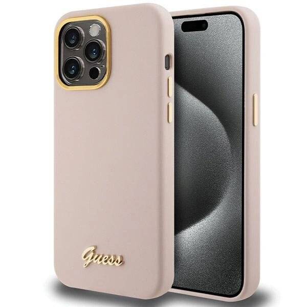 Guess Silikon Script Metal Logo & Frame Hülle iPhone 15 Pro Max – Rosa