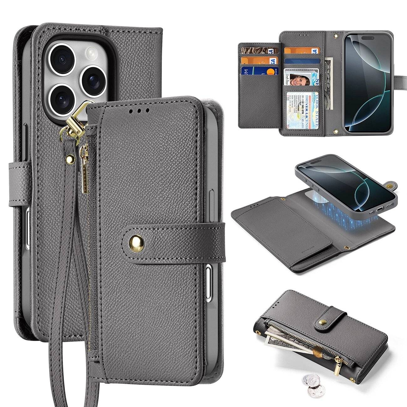 Dux Ducis Lawa Lederhülle iPhone 16 Pro Max abnehmbarer magnetischer Brieftasche - Grau-0