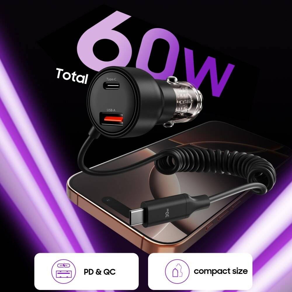 CC05 Autoladegerät 2-Port PD60 W + USB-C Kabel - Schwarz-2