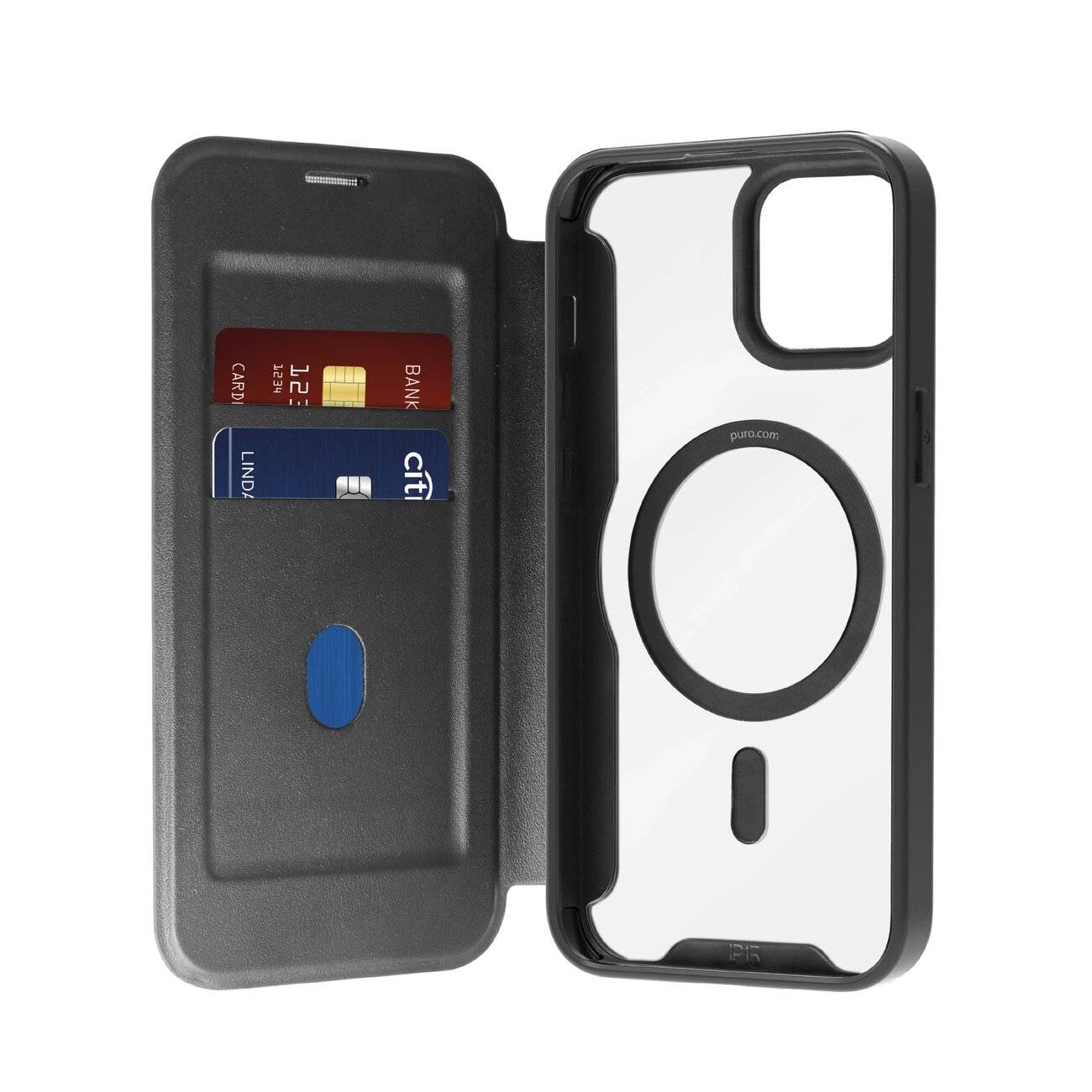 Puro Book Mag MagSafe Lederhülle Flip Kartensteckplatz iPhone 16 – Schwarz-0