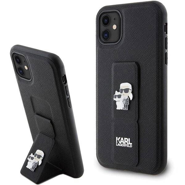 Karl Lagerfeld Gripstand Saffiano Karl&Choupette Pins Hülle iPhone 11 / Xr – Schwarz