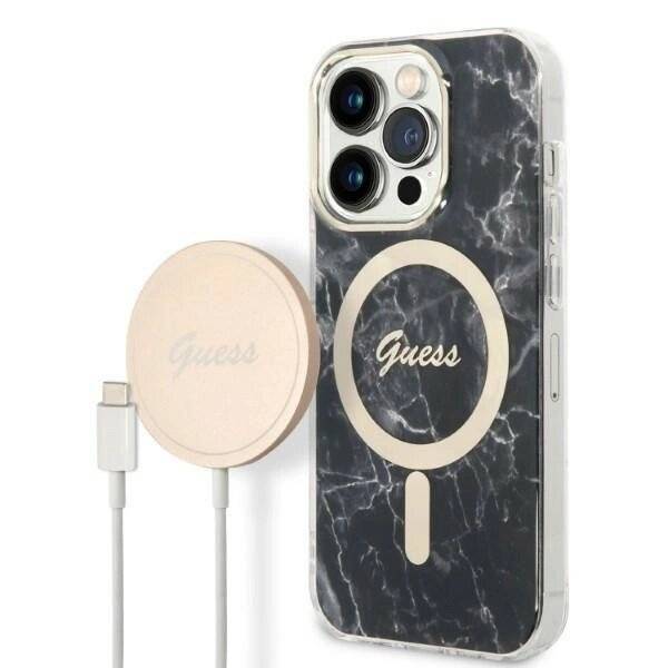 Set Guess GUBPP14LHMEACSK Hülle + Ladegerät iPhone 14 Pro 6.1" schwarz/schwarz Hartschale Marble