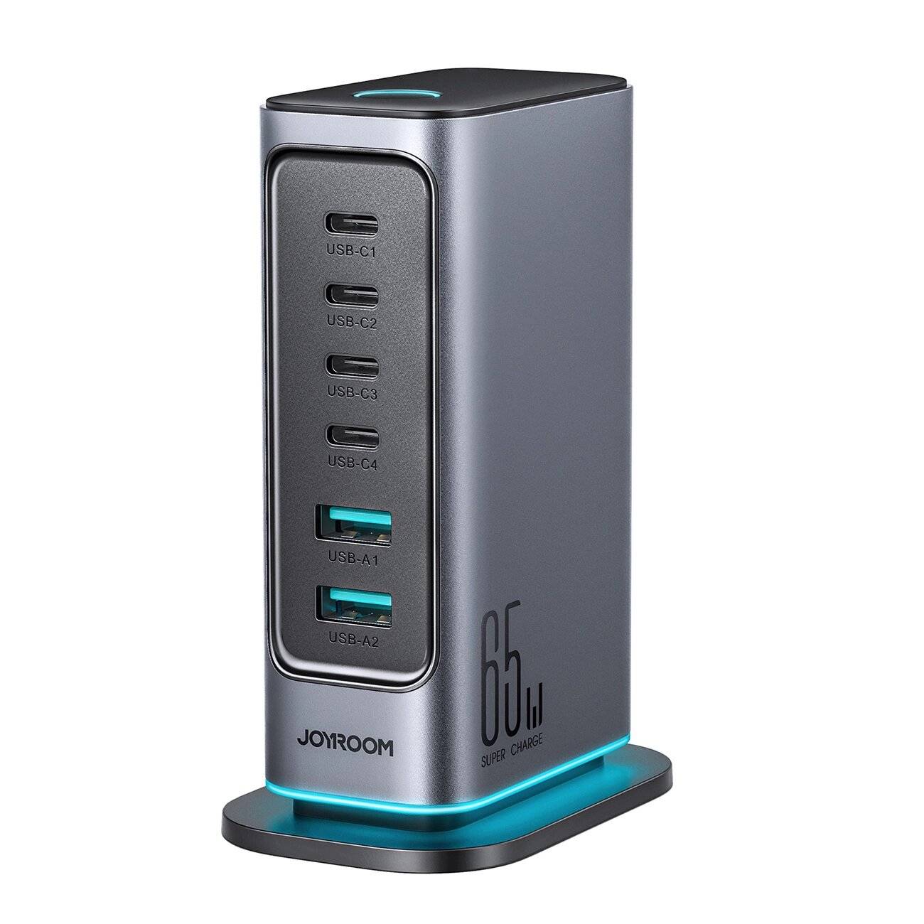 Joyroom JR-TCM02 Multiport GaN Ladegerät 65W EU 4x USB-C 2x USB-A - Dunkelgrau