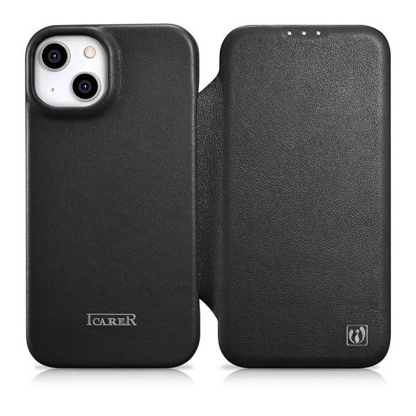 iCarer CE Premium Leather Folio Case iPhone 14 Plus Magnetic Flip MagSafe schwarz WMI14220715-BK