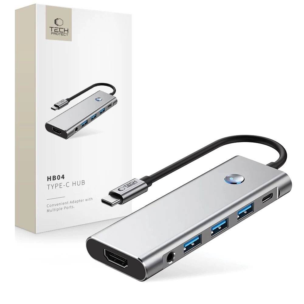 Tech-Protect HB04 HUB Adapter 9in1 USB-C + USB2.0 USB3.0 HDMI 4K 60Hz SD/TF PD100W AV3.5 - grau-0