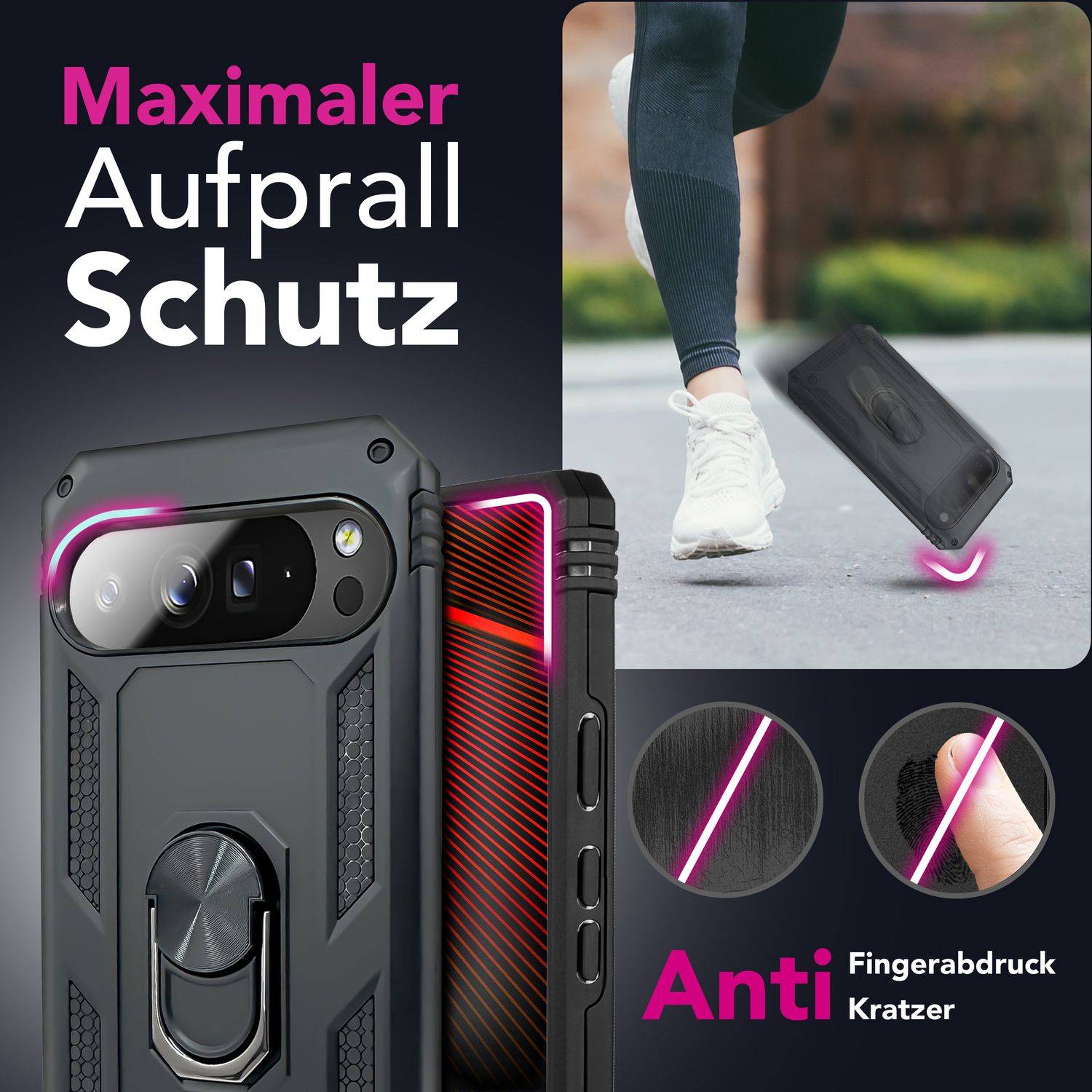 NALIA Hülle "RingDefend" für Google Pixel 10 Pro – Robuste Panzer Handyhülle mit 360° Dreh Ring & Ständer - Schwarz-1